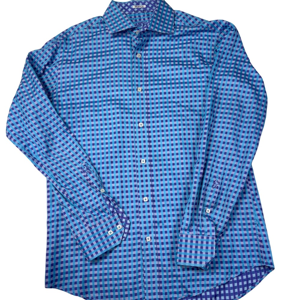 Bugatchi Shaped Fit Dress Shirt Blue & Purple Long Sleeve Button Down Medium - Picture 2 of 5